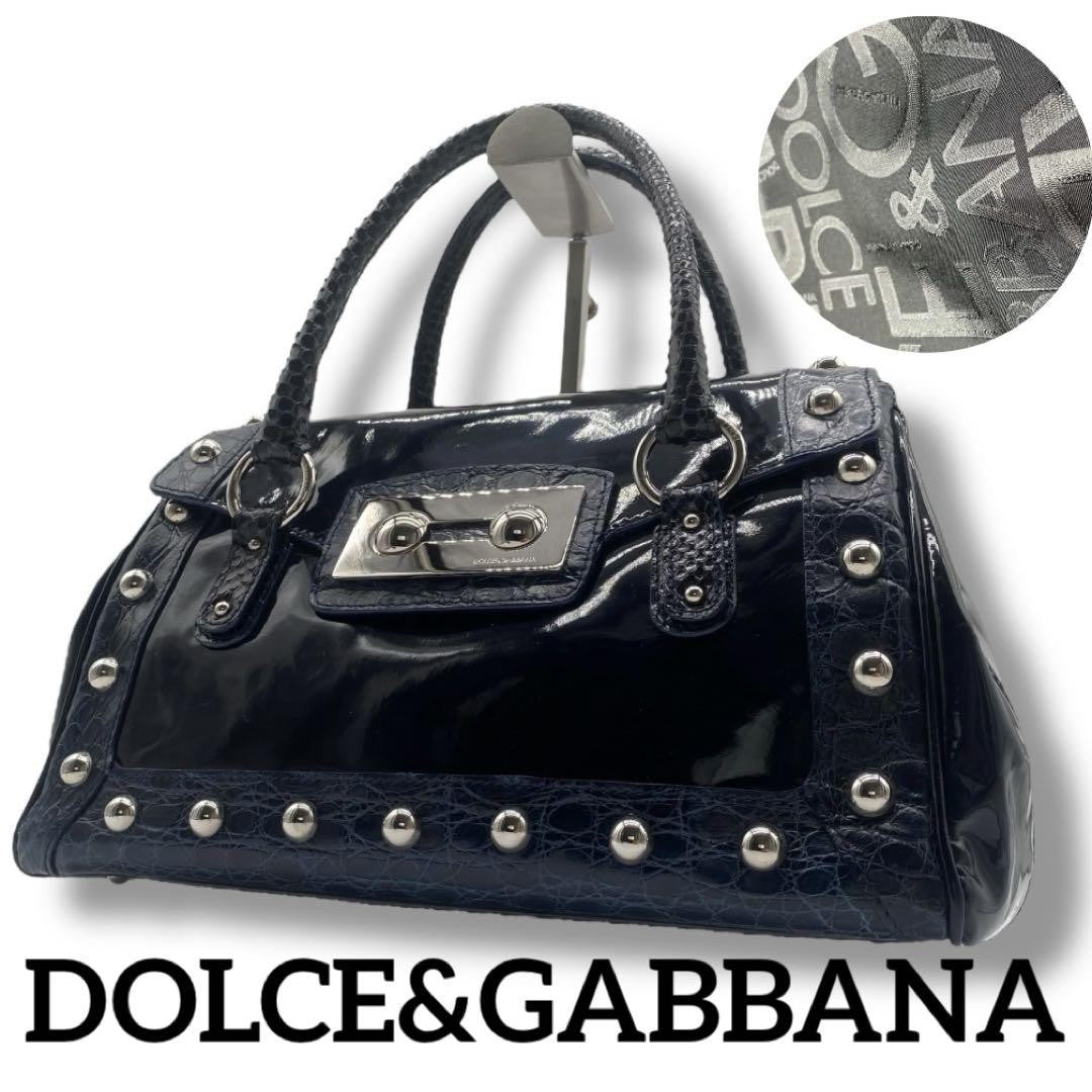 Dolce & Gabbana Hand Bag Tote Purse Patent Leather Navy Authentic