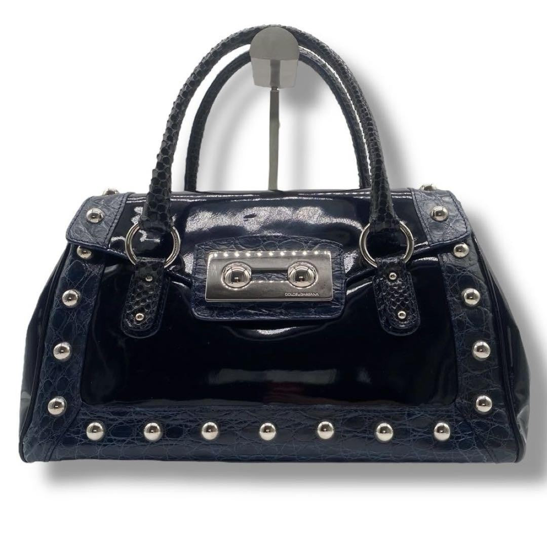 Dolce & Gabbana Hand Bag Tote Purse Patent Leather Navy Authentic