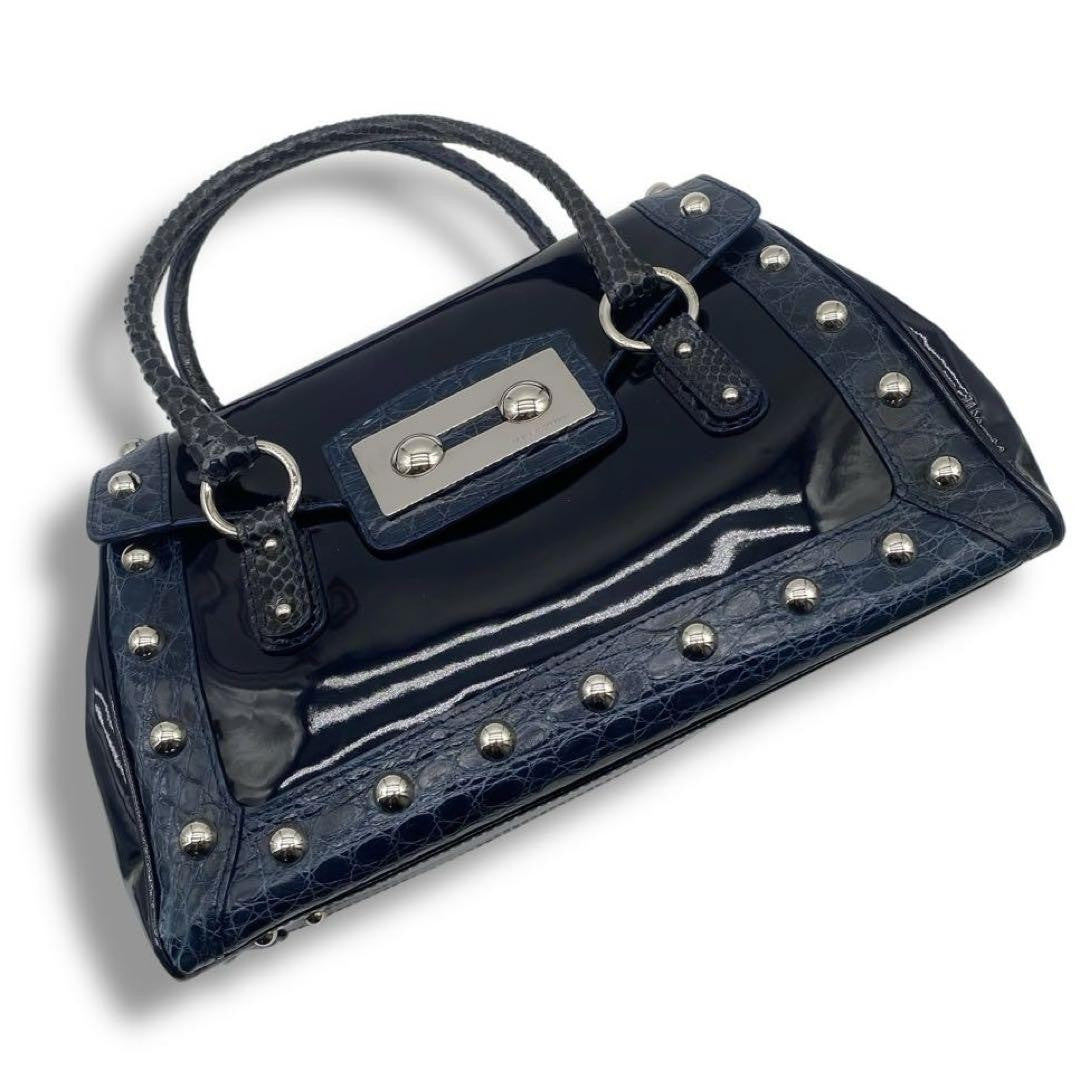 Dolce & Gabbana Hand Bag Tote Purse Patent Leather Navy Authentic