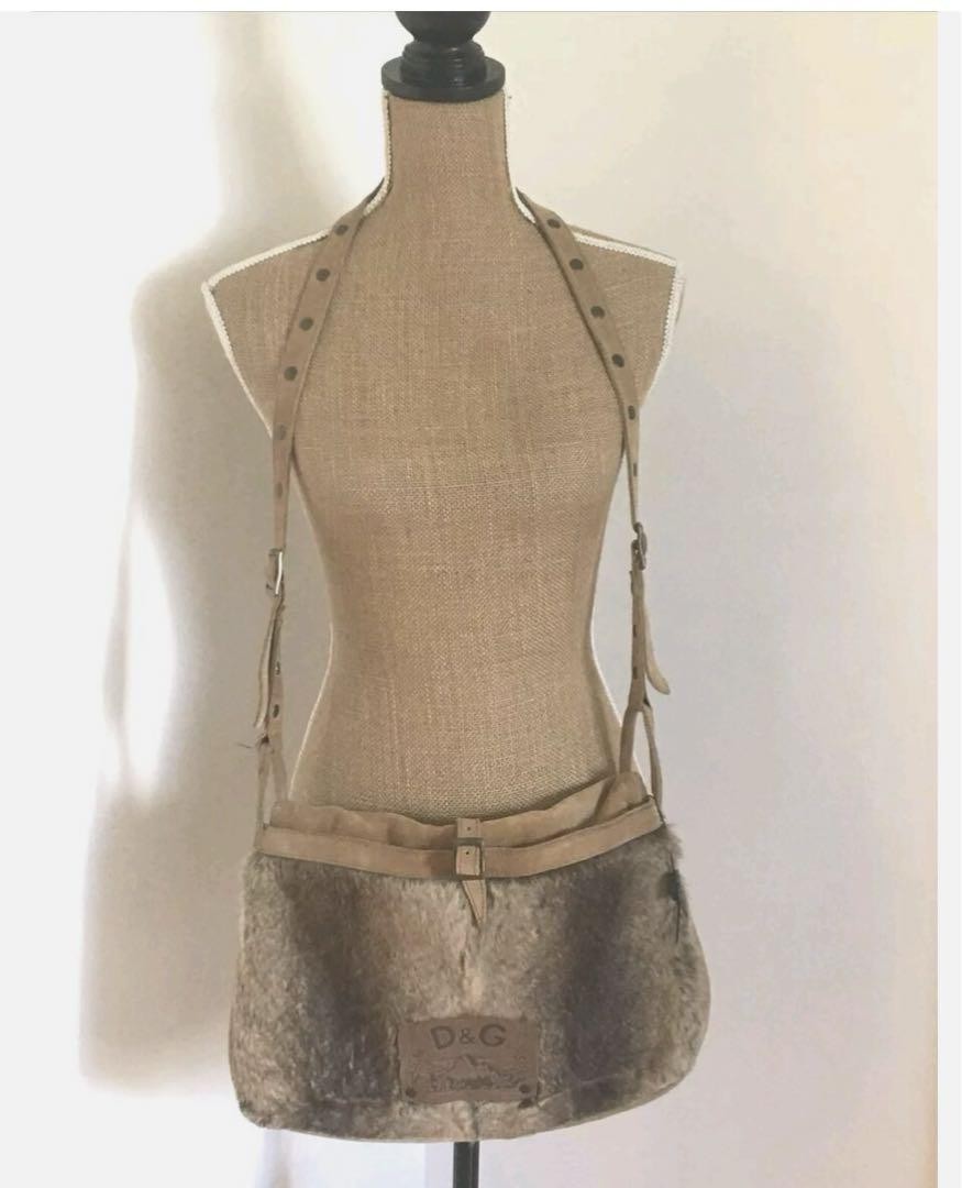 Dolce & Gabbana Shoulder Bag Purse Fur Suede Brown Authentic