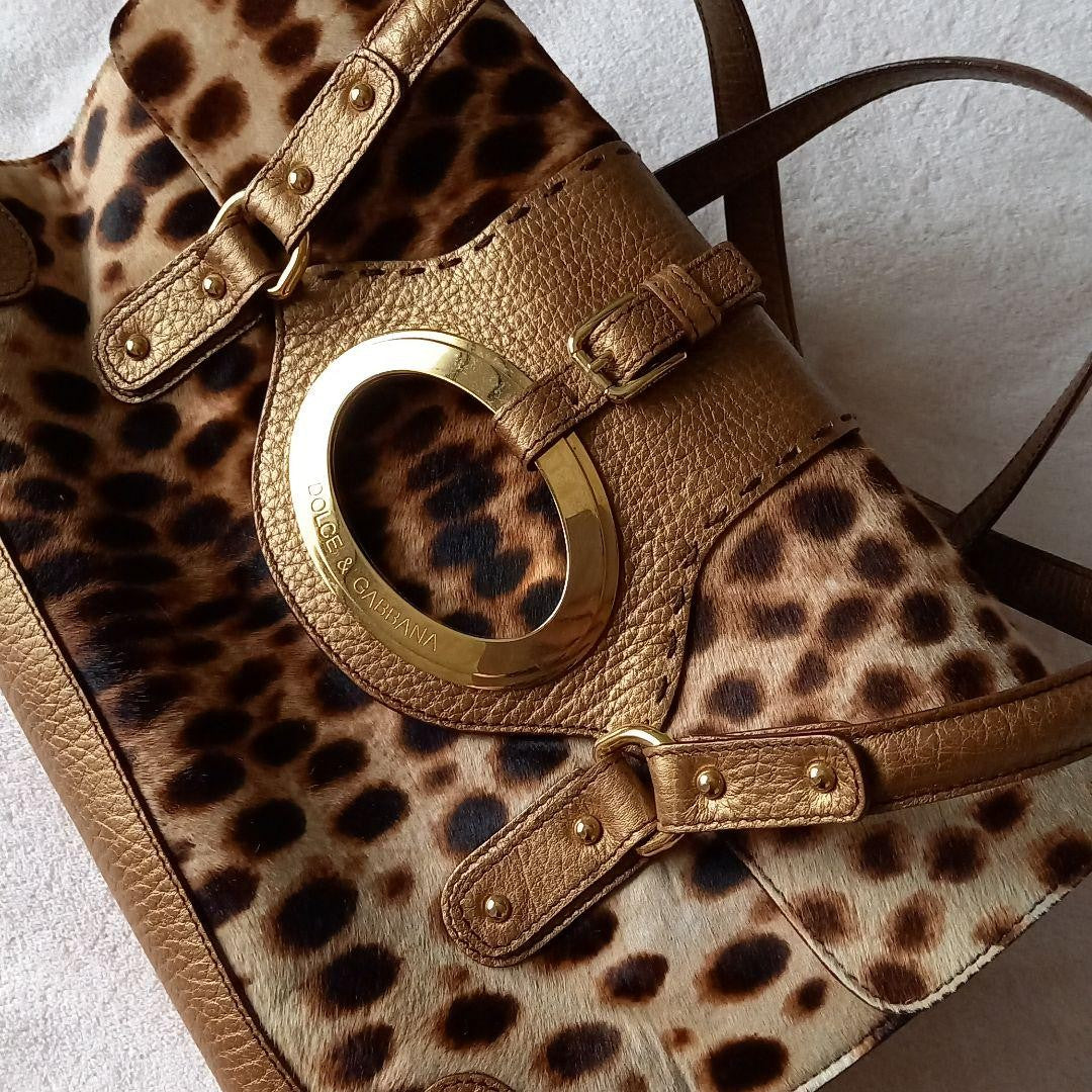 Dolce & Gabbana Hand Shoulder Bag Tote Purse Leopard Leather Authentic