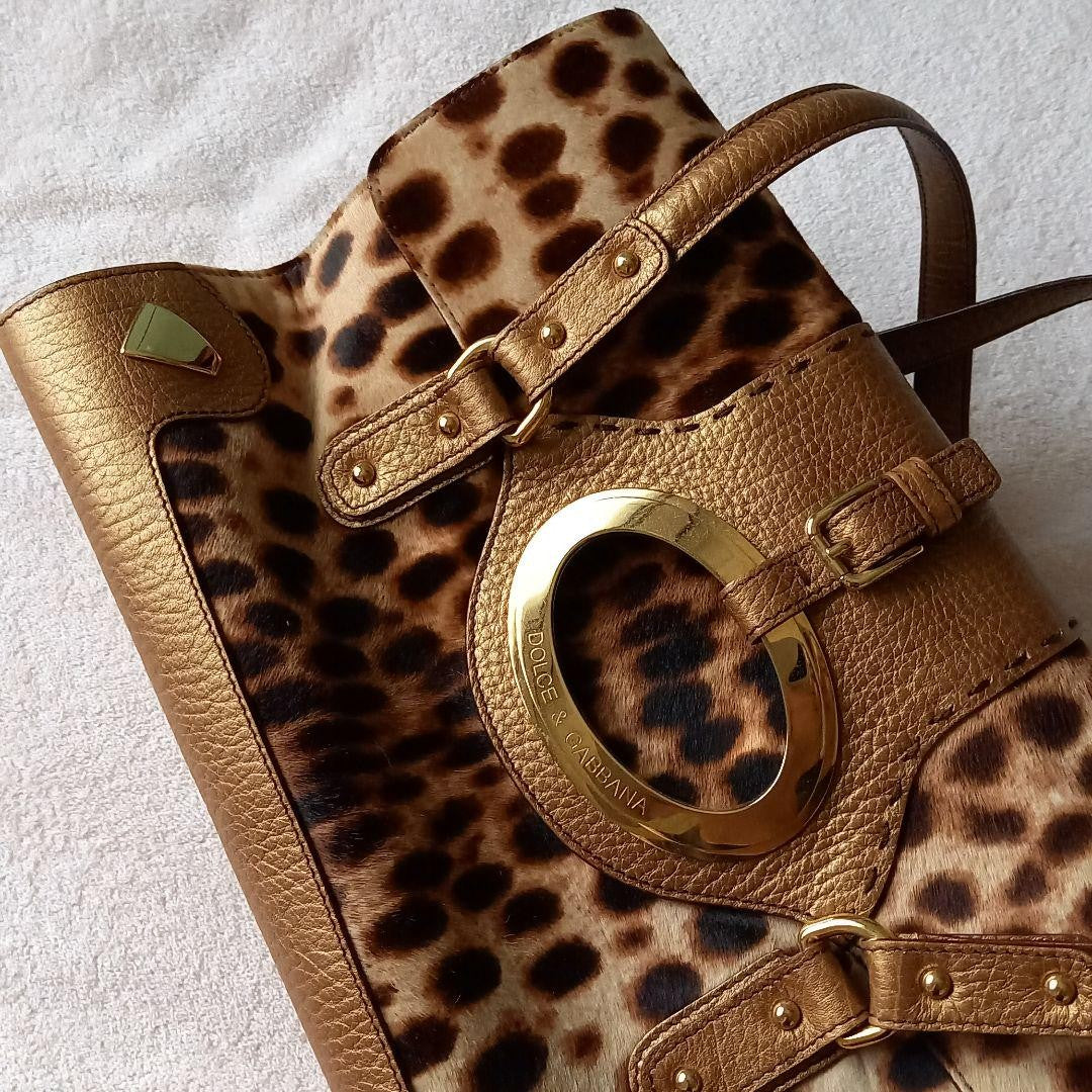 Dolce & Gabbana Hand Shoulder Bag Tote Purse Leopard Leather Authentic