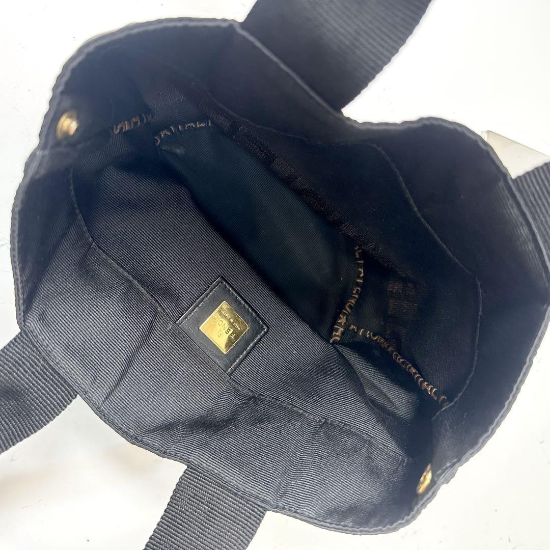 FENDI Hand Bag Tote Purse Logo Canvas Black Brown Authentic