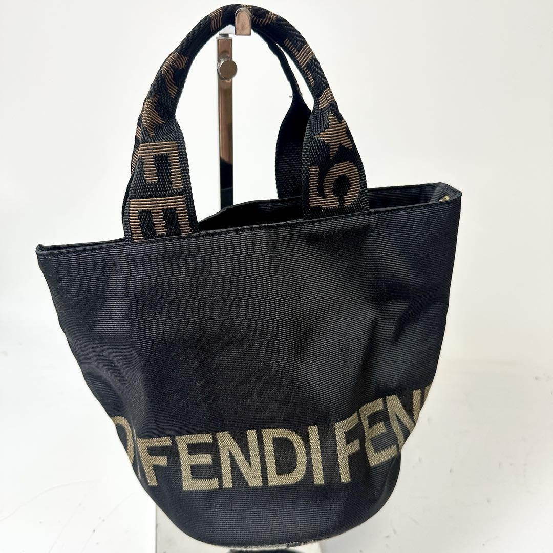 FENDI Hand Bag Tote Purse Logo Canvas Black Brown Authentic