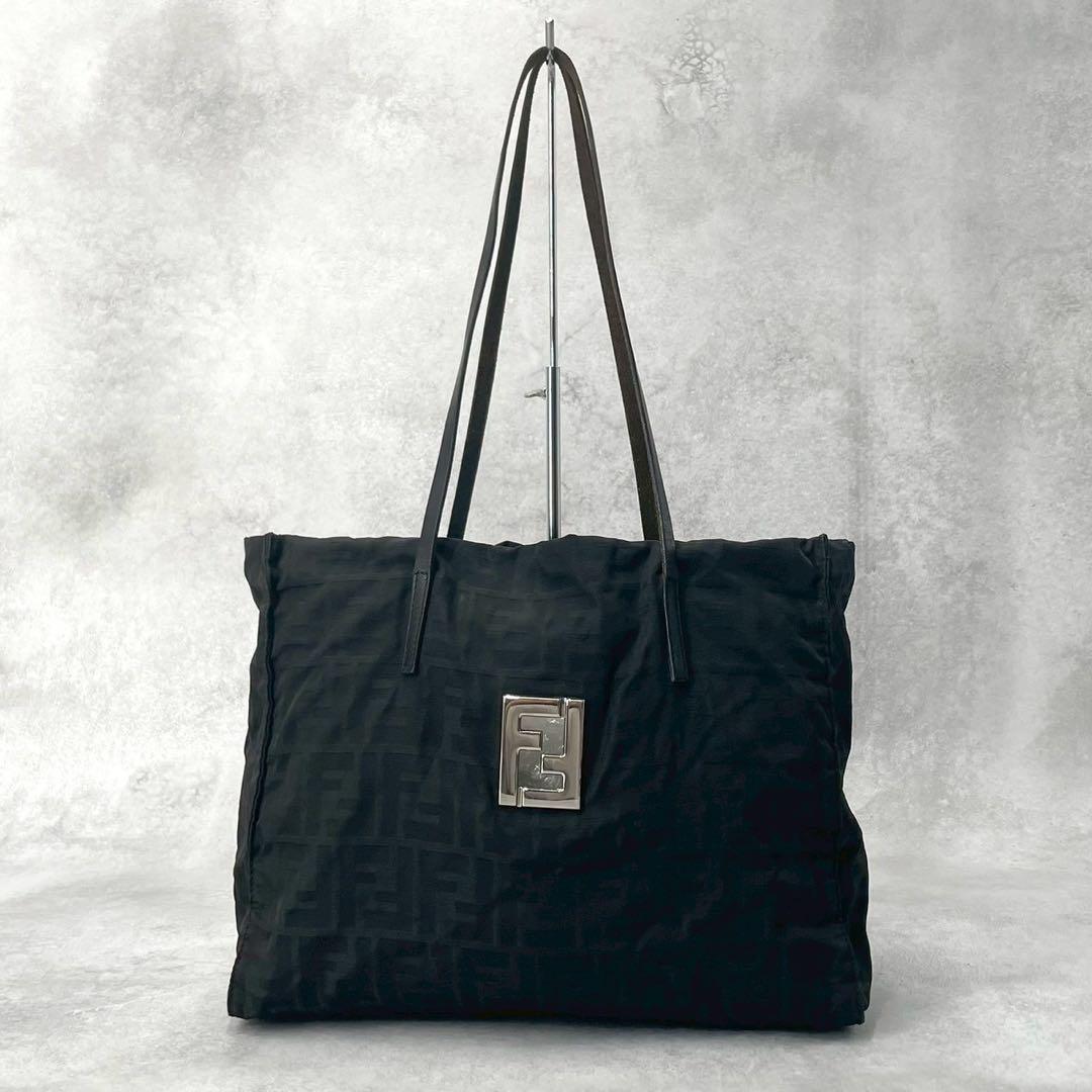 FENDI Hand Bag Tote Purse FF Zucca Canvas Leather Black Authentic
