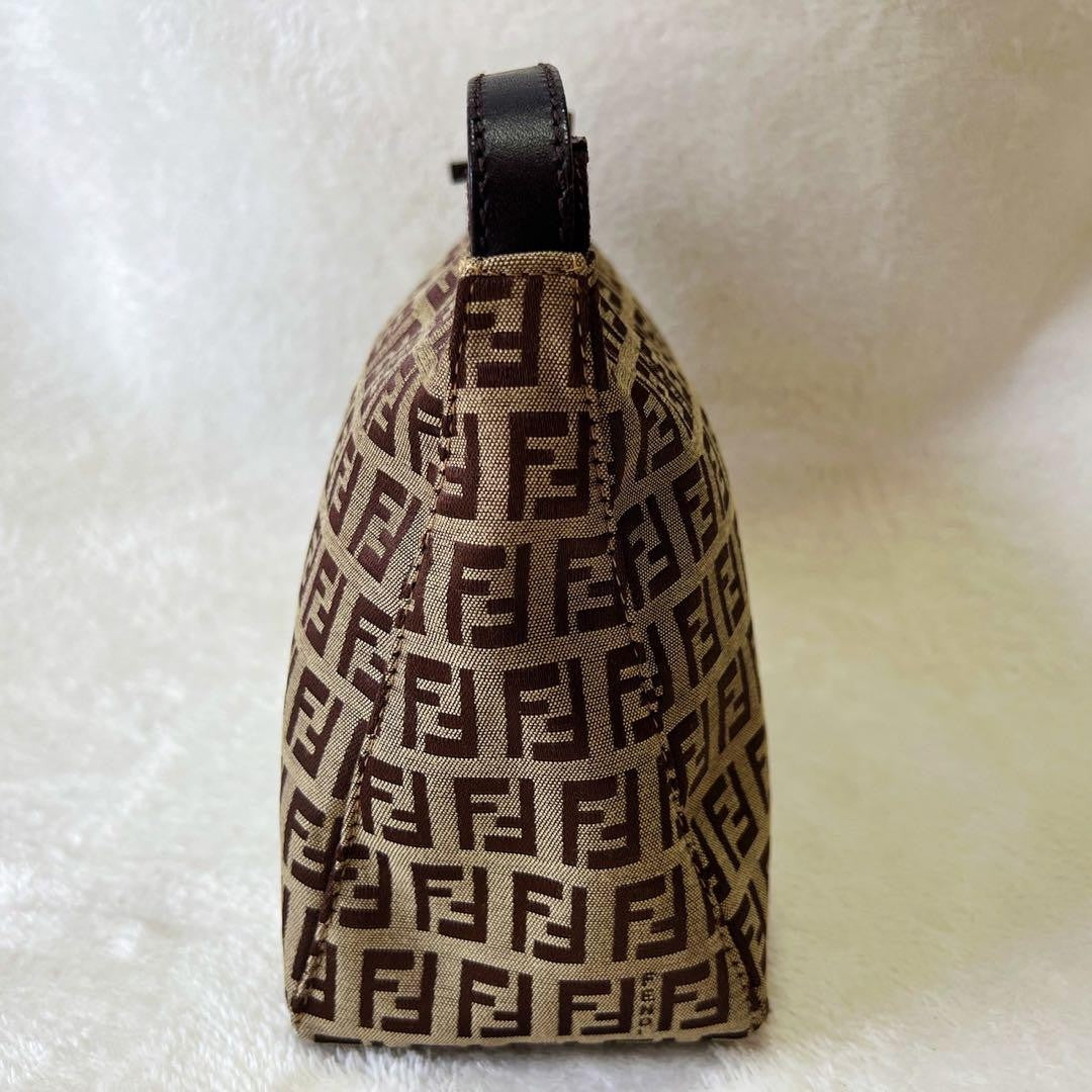 FENDI Accessory Pouch Hand Pouch FF Zucchino Canvas Leather Brown Authentic