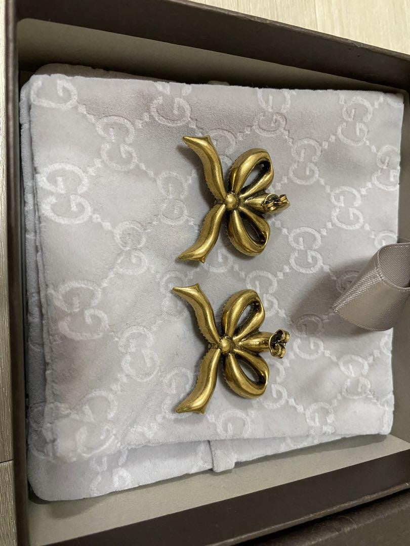 GUCCI Earrings Ribbon Gold White Women Accessory Authentic