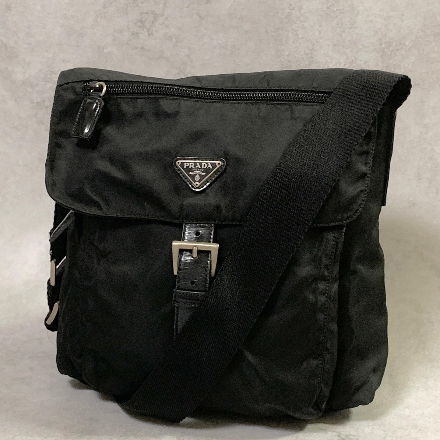 PRADA Bag Logo Shoulder Purse Nylon Leather Black Silver Used Authentic