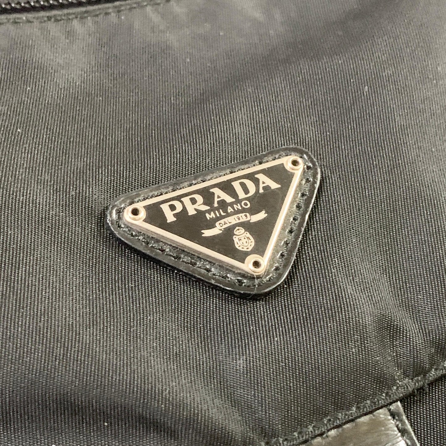 PRADA Bag Logo Shoulder Purse Nylon Leather Black Silver Used Authentic