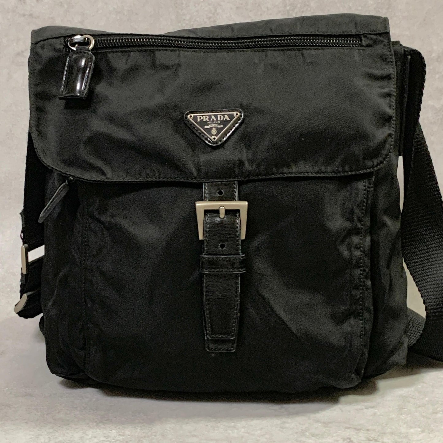 PRADA Bag Logo Shoulder Purse Nylon Leather Black Silver Used Authentic