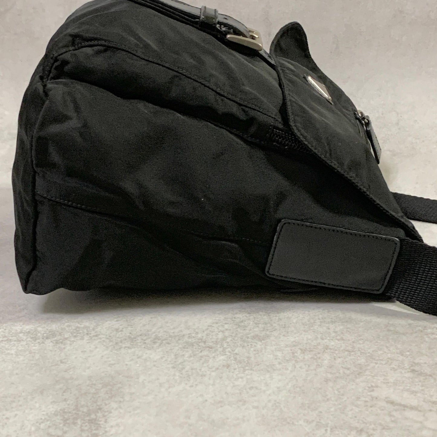 PRADA Bag Logo Shoulder Purse Nylon Leather Black Silver Used Authentic