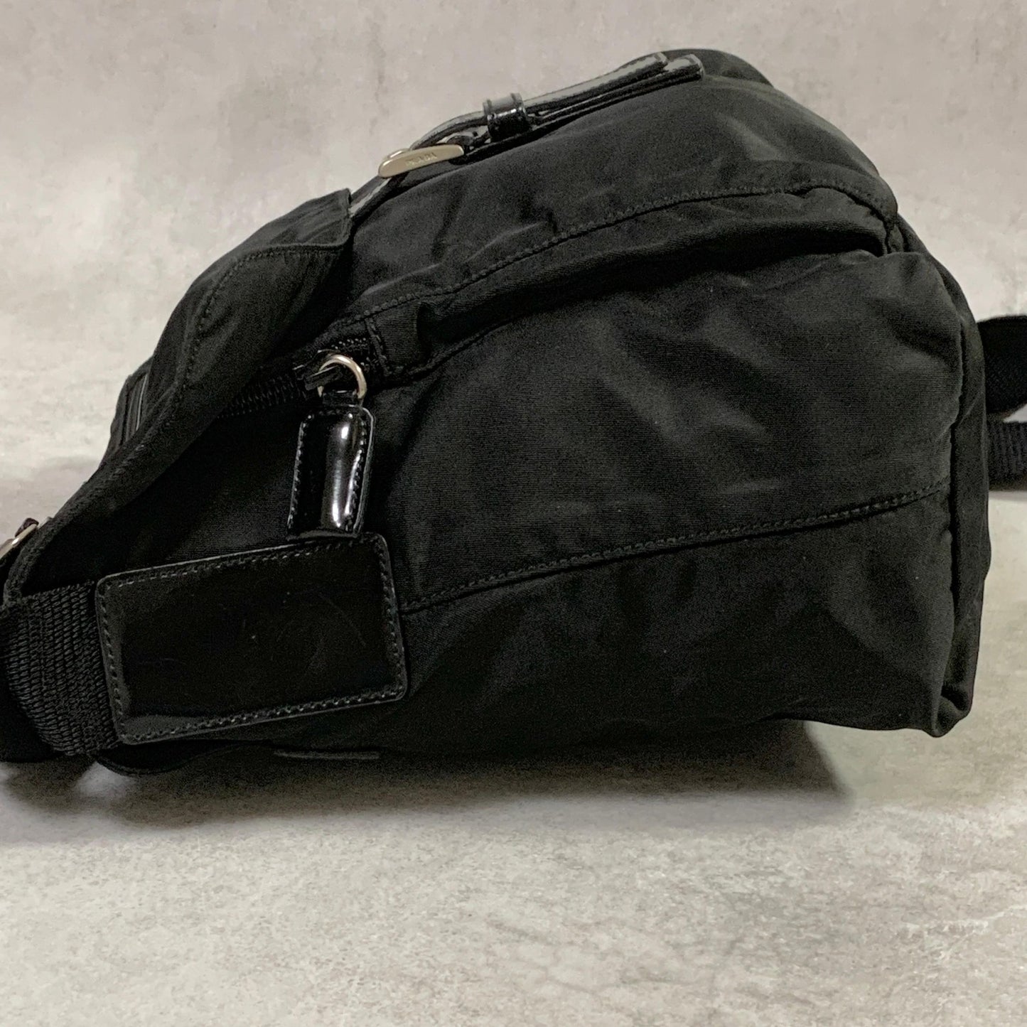 PRADA Bag Logo Shoulder Purse Nylon Leather Black Silver Used Authentic