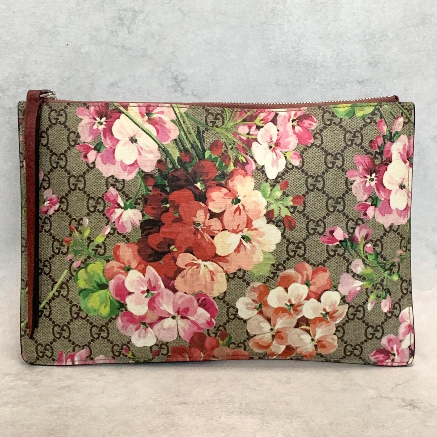 GUCCI Bag Flora GG Supreme Clutch Purse Hand Leather Beige Red Used Authentic