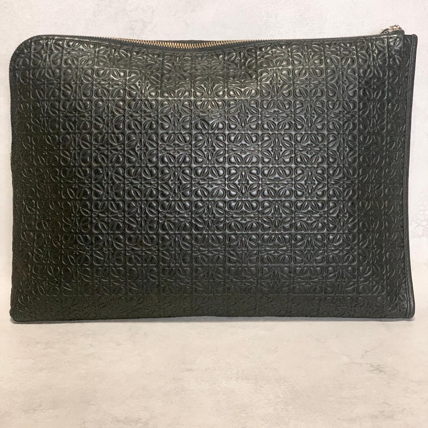 LOEWE Bag Anagram Clutch Purse Hand Leather Black Silver Used Authentic