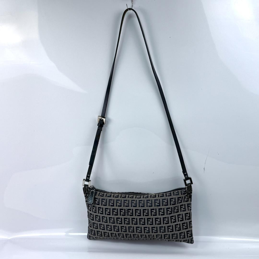 FENDI Shoulder Bag Purse FF Zucca Zucchino Canvas Leather Navy Authentic