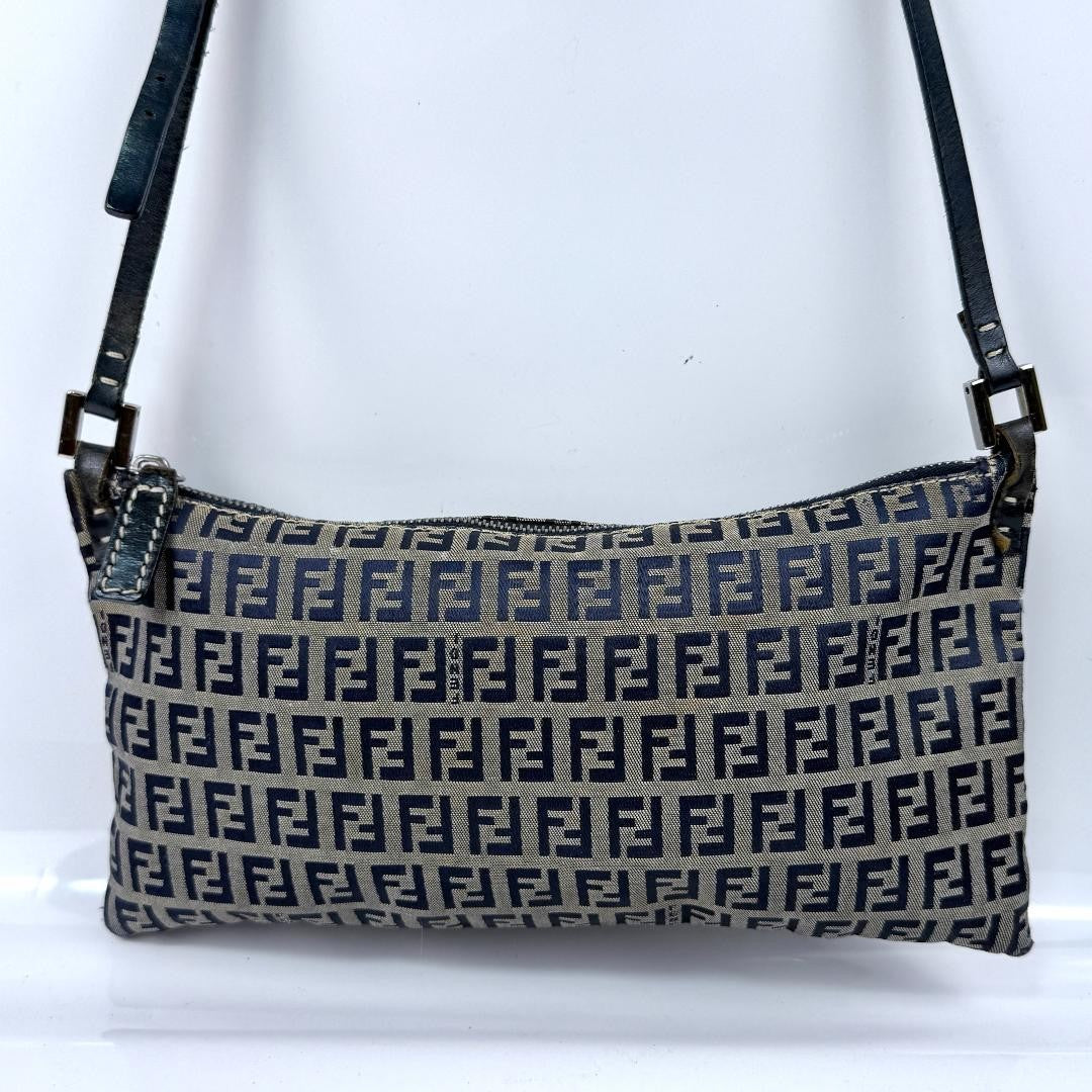 FENDI Shoulder Bag Purse FF Zucca Zucchino Canvas Leather Navy Authentic