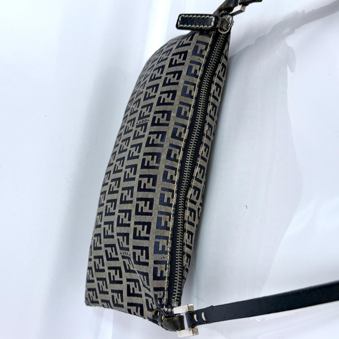 FENDI Shoulder Bag Purse FF Zucca Zucchino Canvas Leather Navy Authentic