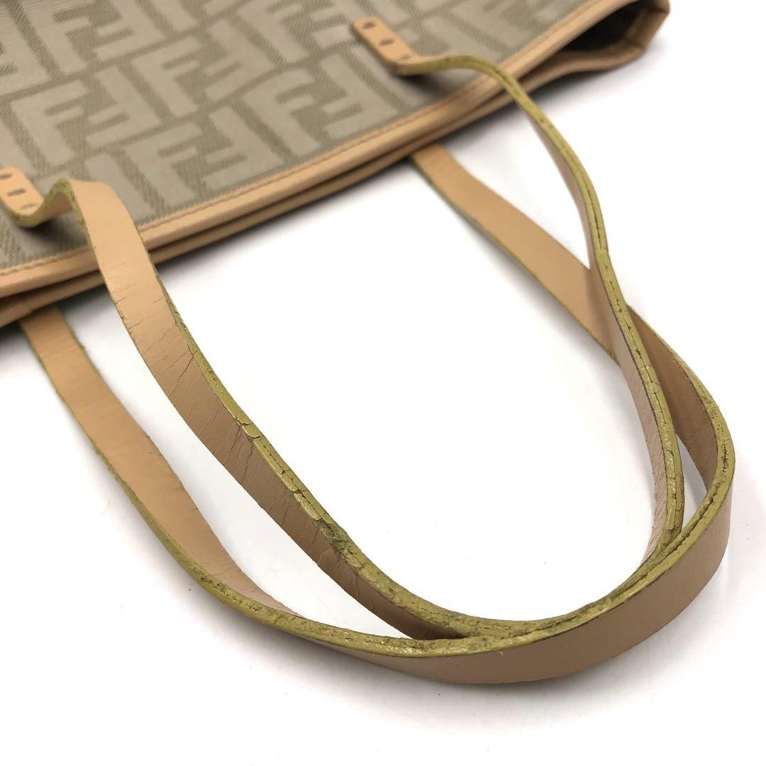 FENDI Hand Bag Tote Purse FF Zucca Canvas Leather Beige Authentic