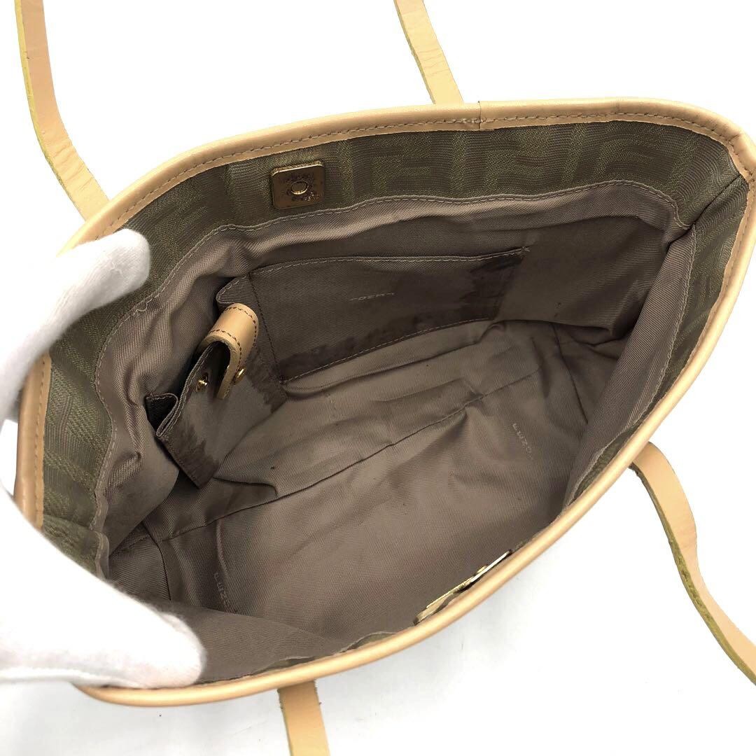 FENDI Hand Bag Tote Purse FF Zucca Canvas Leather Beige Authentic