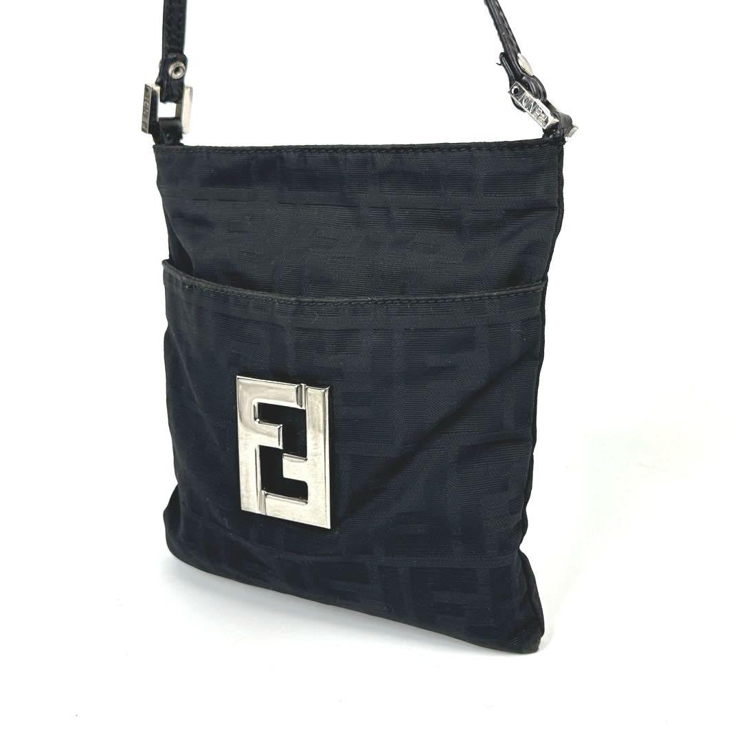FENDI Shoulder Bag Purse FF Zucca Canvas Leather Black Authentic