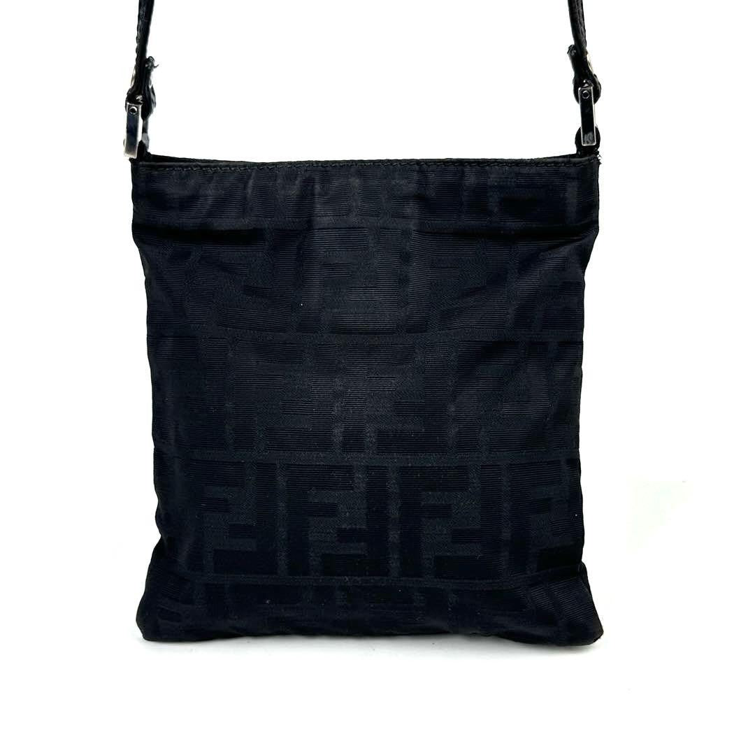 FENDI Shoulder Bag Purse FF Zucca Canvas Leather Black Authentic