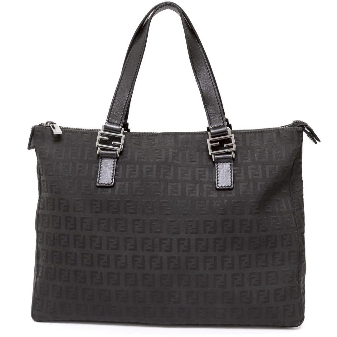 FENDI Hand Bag Tote Purse FF Zucchino Canvas Leather Nylon Black Authentic