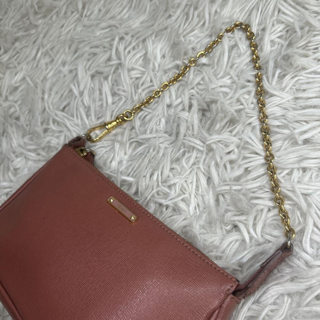 FENDI Accessory Pouch Hand Bag Tote Purse Chain Leather Pink Authentic