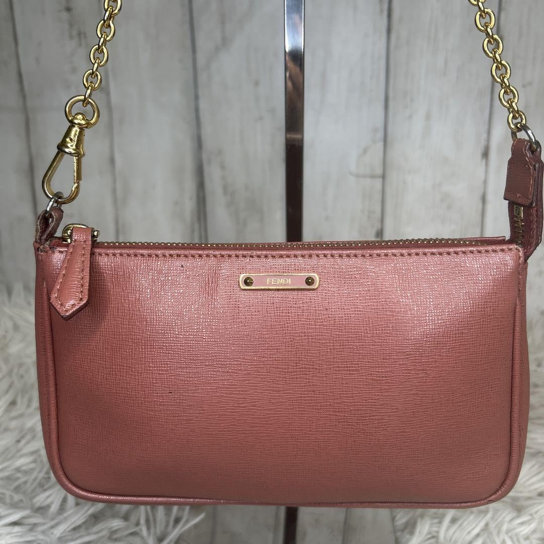 FENDI Accessory Pouch Hand Bag Tote Purse Chain Leather Pink Authentic