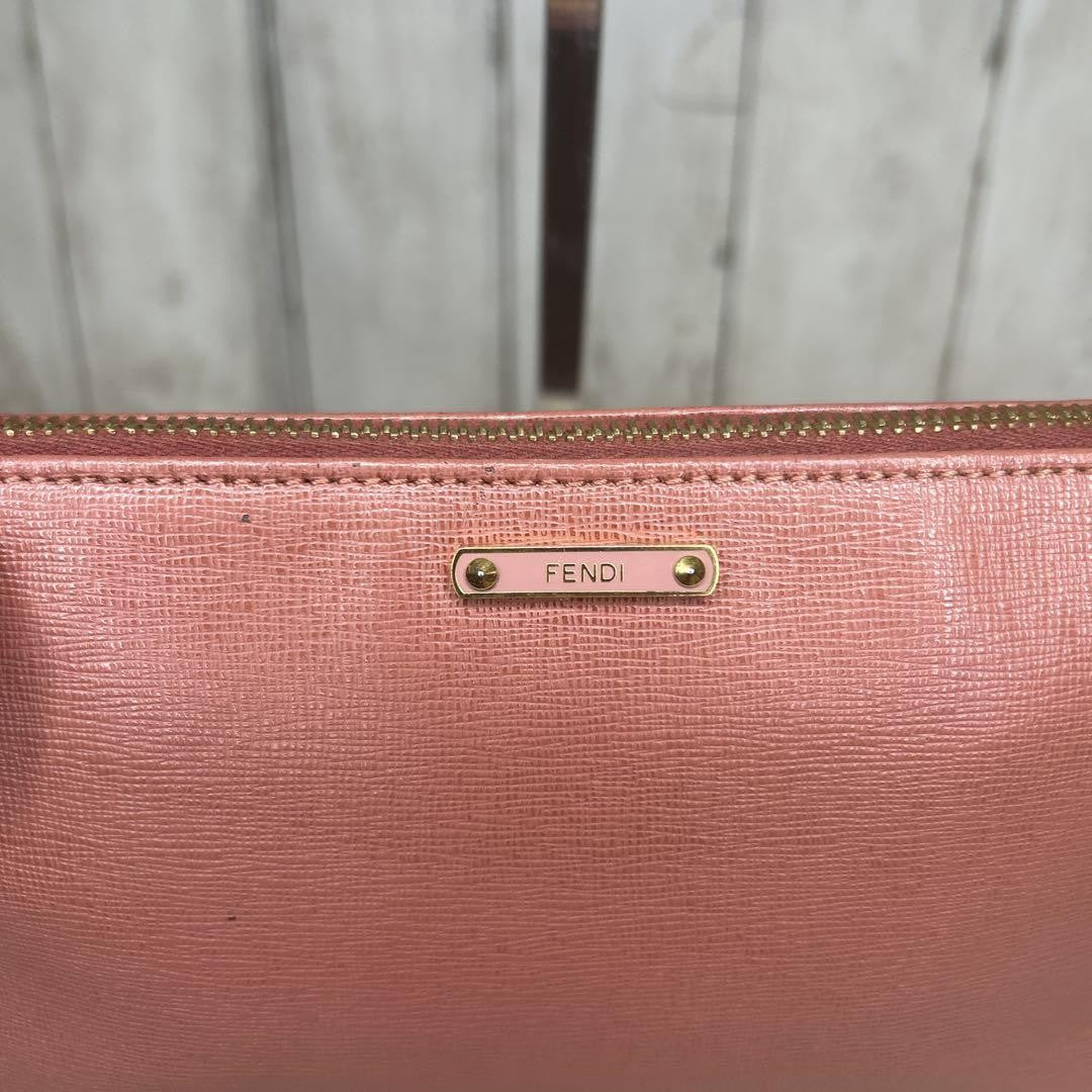 FENDI Accessory Pouch Hand Bag Tote Purse Chain Leather Pink Authentic