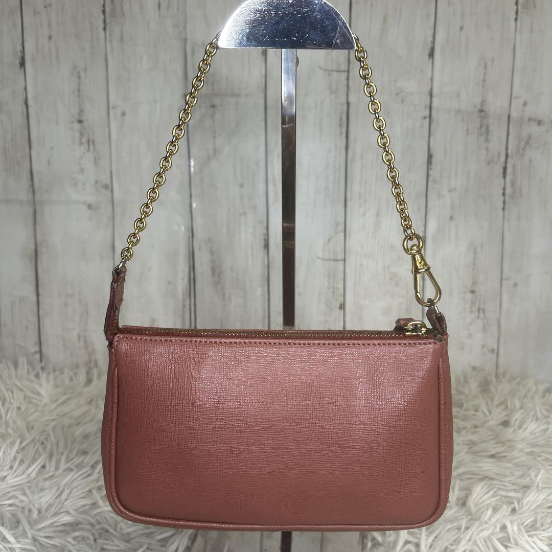 FENDI Accessory Pouch Hand Bag Tote Purse Chain Leather Pink Authentic