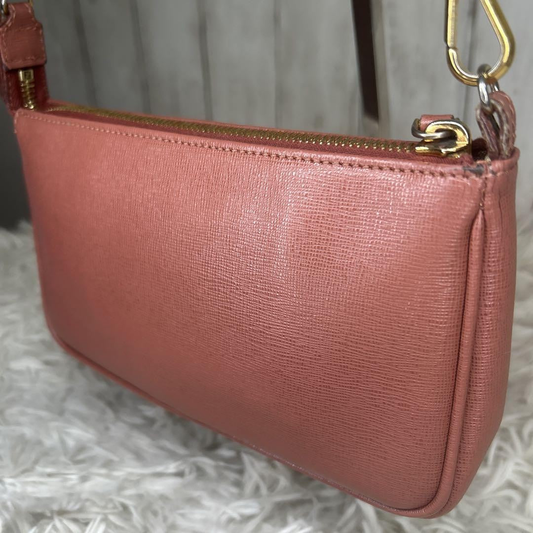 FENDI Accessory Pouch Hand Bag Tote Purse Chain Leather Pink Authentic