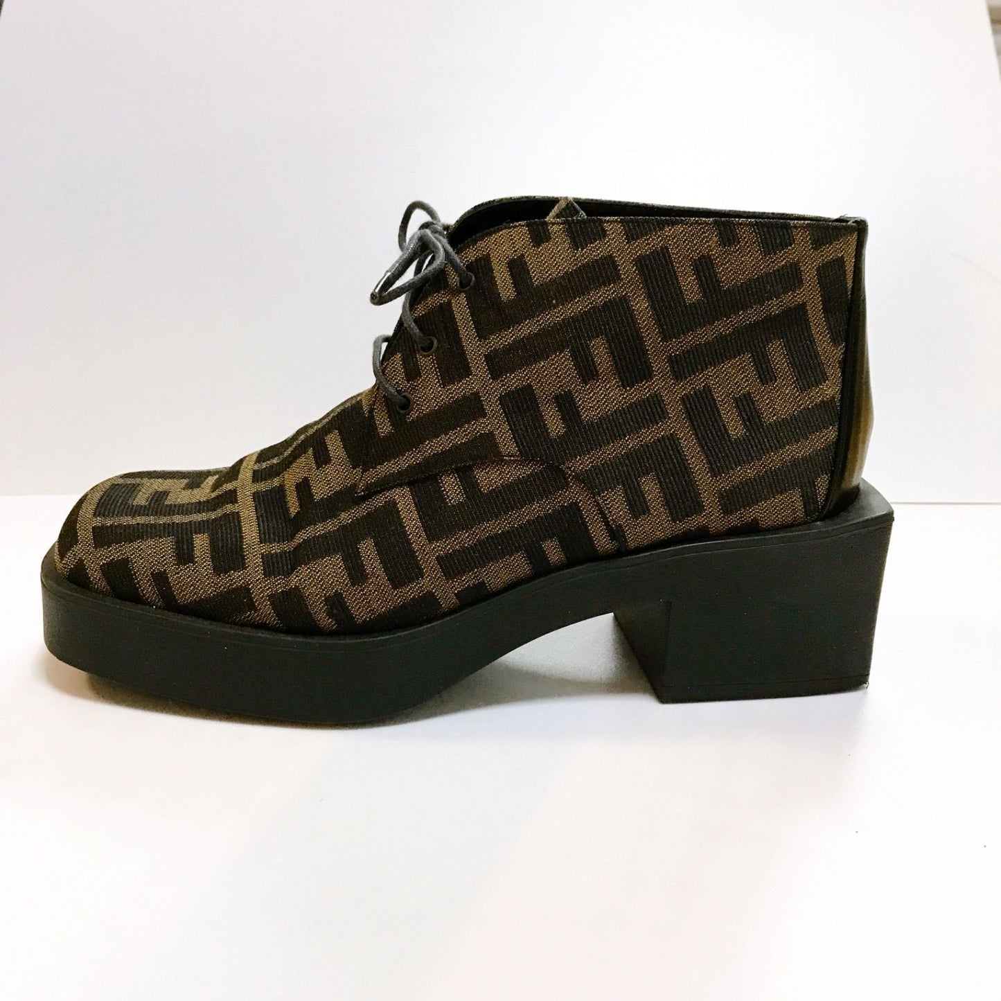 FENDI Short Boots Shoes FF Zucca EU 36 US 6 Canvas Leather Brown Authentic