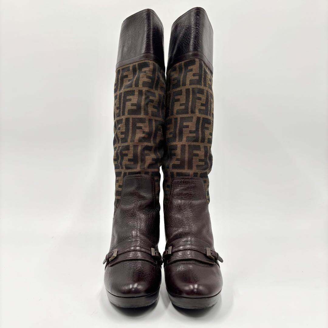 FENDI Long Boots Shoes FF Zucca EU 35 US 5 Brown Authentic