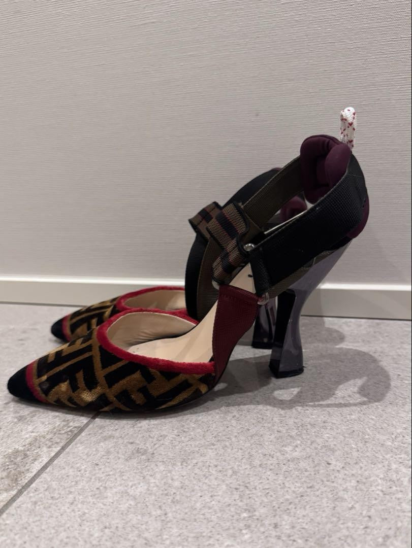FENDI Shoes Pumps Heel FF Zucca EU 38 US 8 Red Brown Authentic