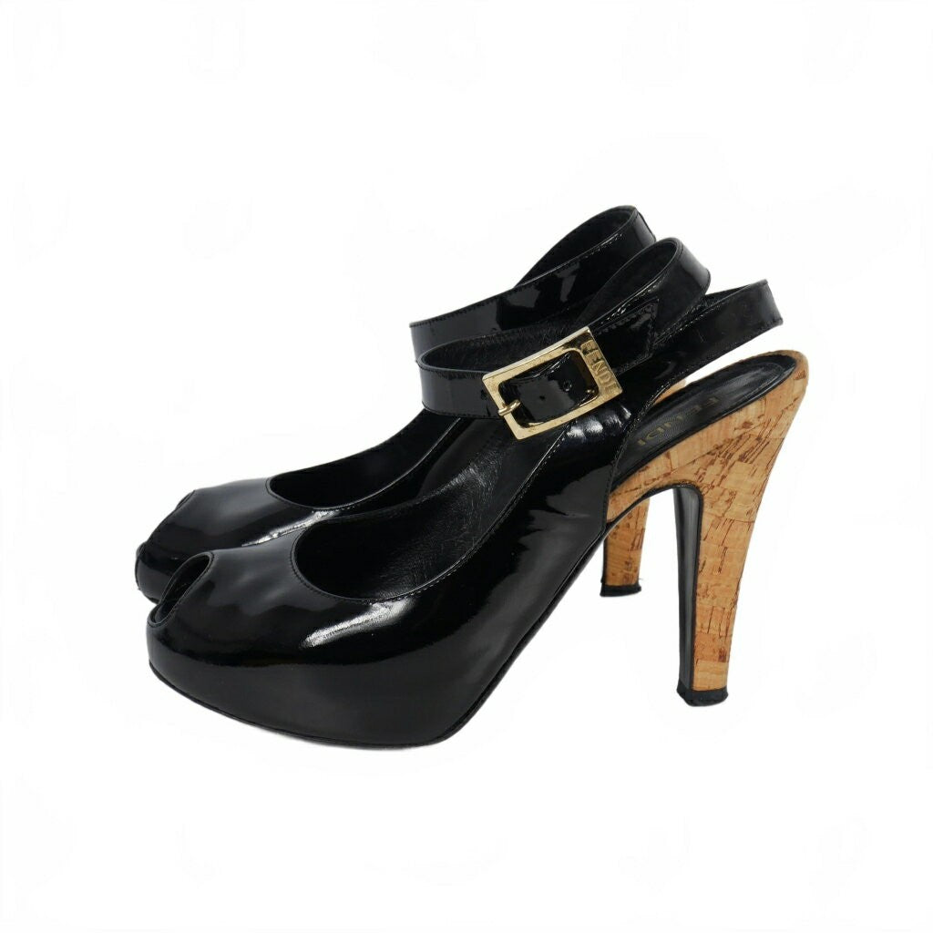 FENDI SPUNTANA Shoes Pumps Heel EU 36.5 US 6.5 Patent Leather Black Authentic