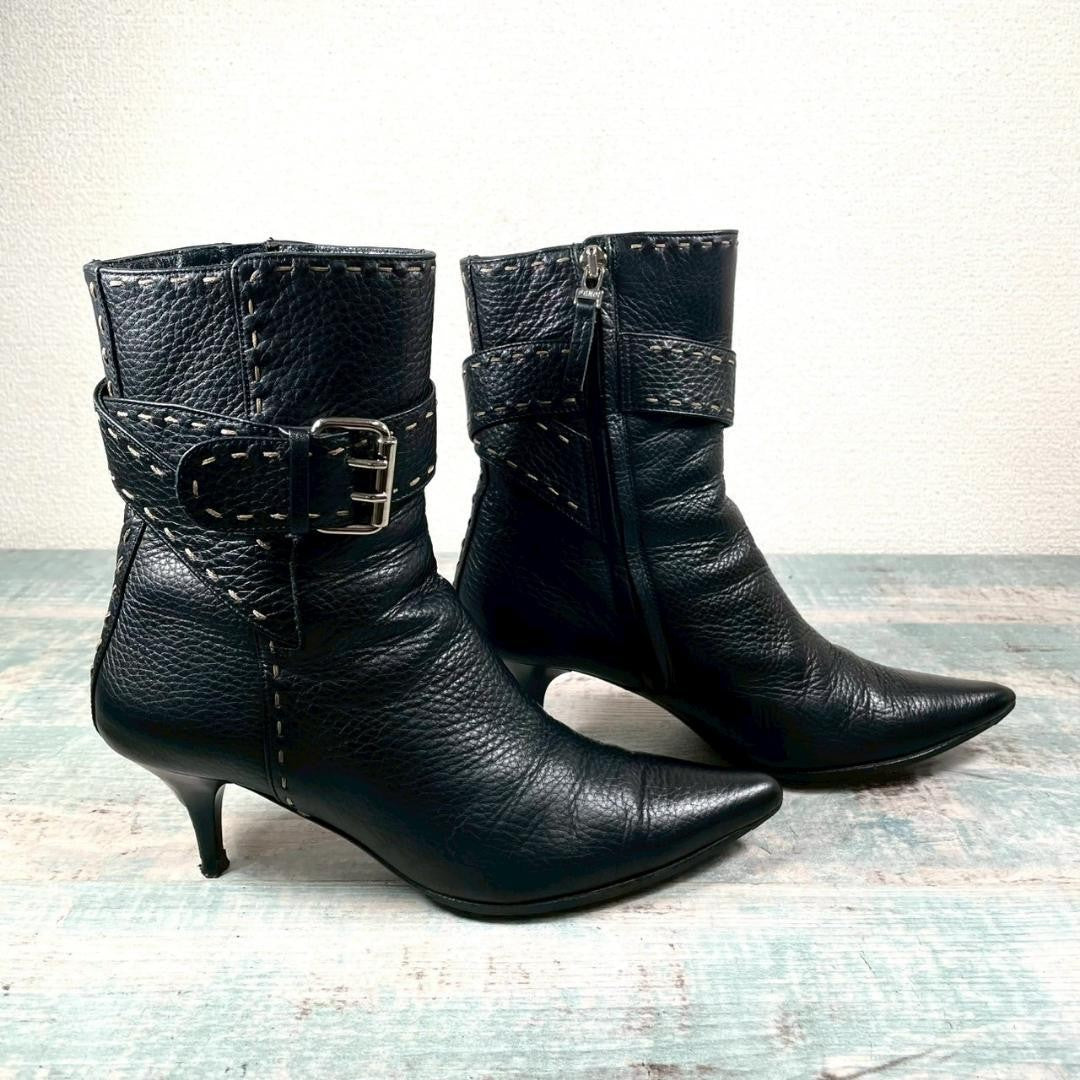 FENDI Bootie Boots Shoes Selleria EU 35 US 5 Leather Black Authentic