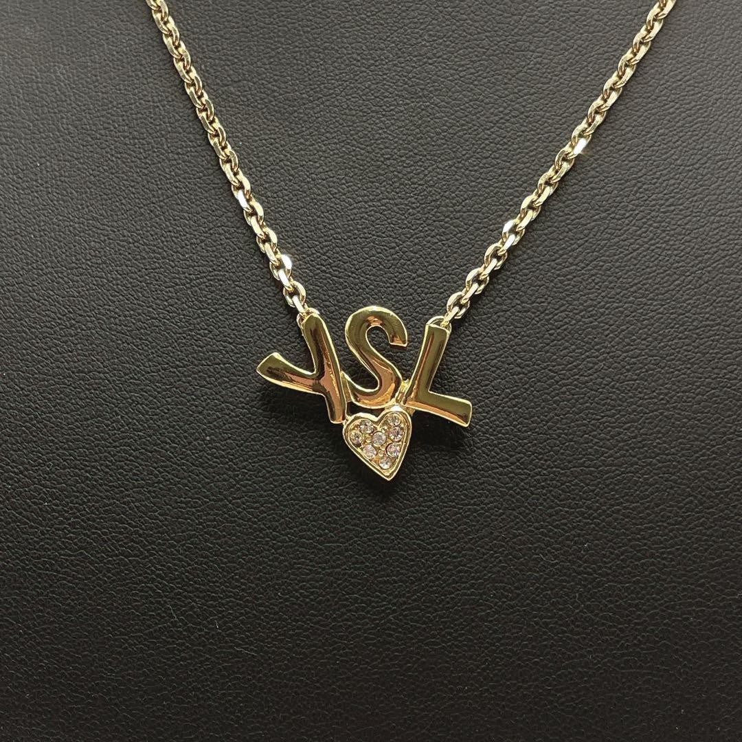Saint Laurent Necklace Pendant YSL Logo Rhinestone Gold Authentic