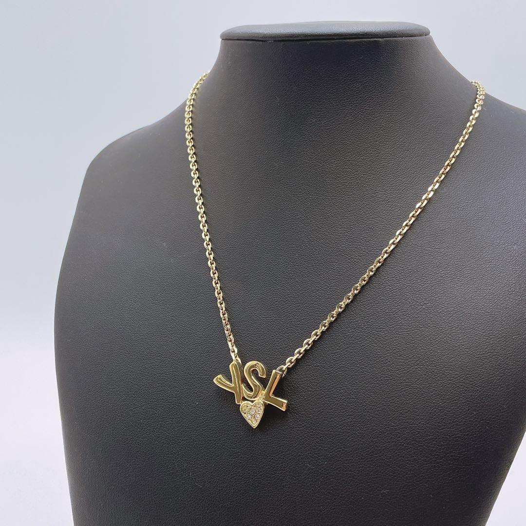 Saint Laurent Necklace Pendant YSL Logo Rhinestone Gold Authentic