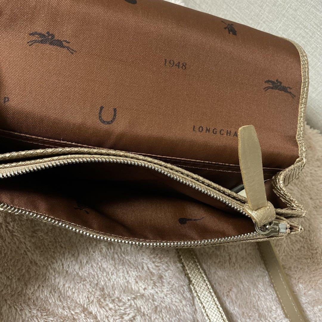 Longchamp Shoulder Bag Purse Leather Gold Beige Authentic