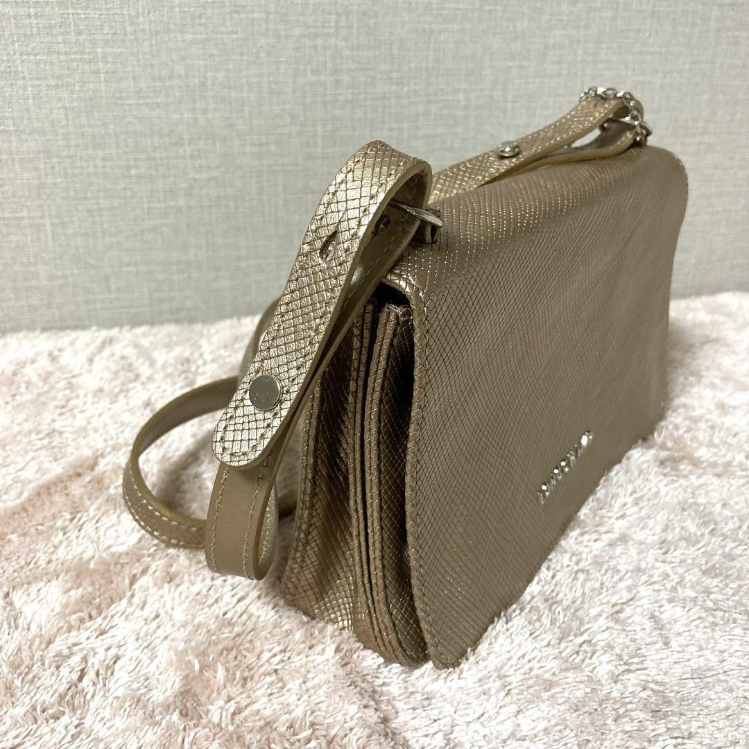 Longchamp Shoulder Bag Purse Leather Gold Beige Authentic