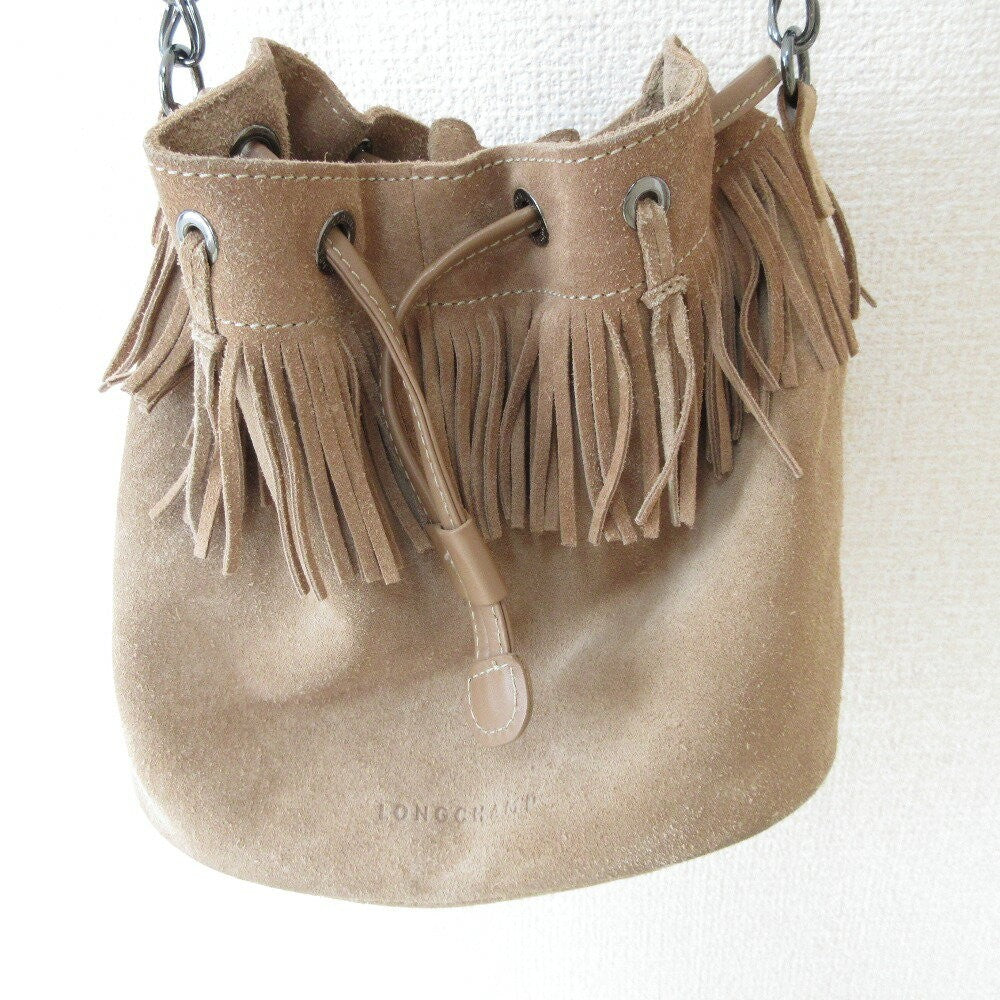 Longchamp Shoulder Bag Purse Suede Brown Beige Authentic