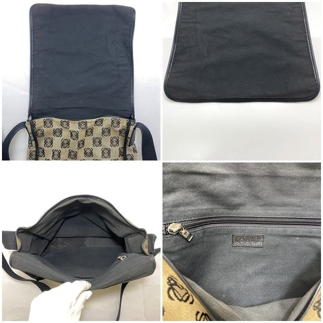 LOEWE Shoulder Bag Purse Messenger Bag Anagram Canavs Leather Beige Black Auth