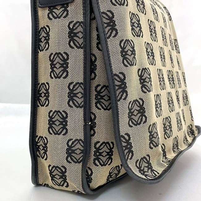 LOEWE Shoulder Bag Purse Messenger Bag Anagram Canavs Leather Beige Black Auth