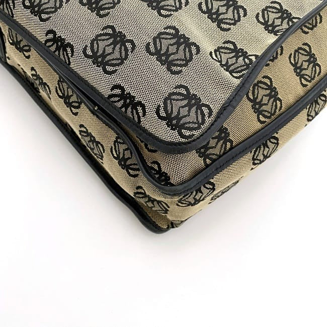 LOEWE Shoulder Bag Purse Messenger Bag Anagram Canavs Leather Beige Black Auth