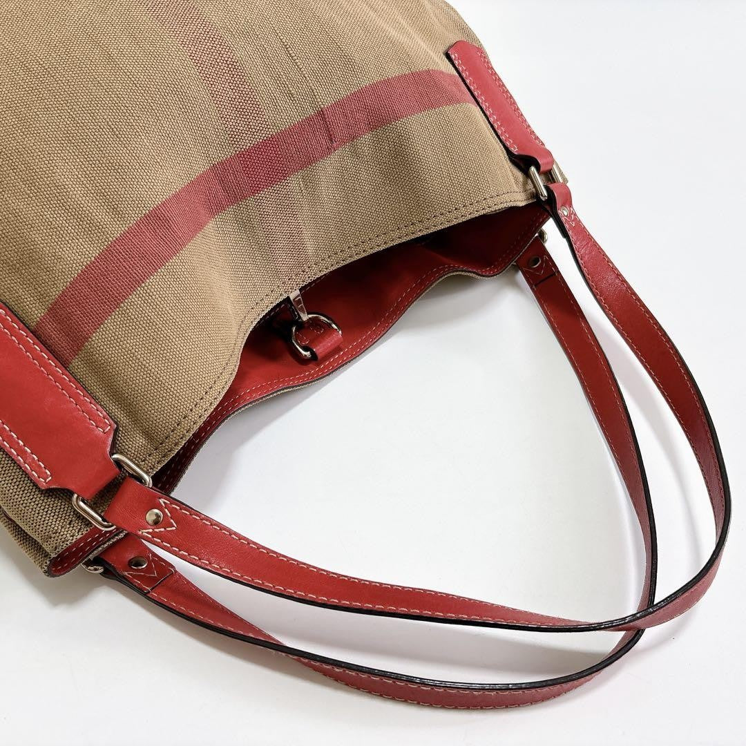 BURBERRY Shoulder Bag Purse Leather Beige Red Authentic