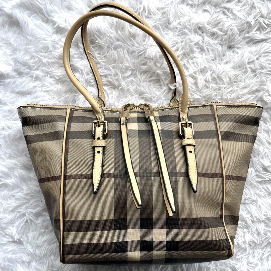 BURBERRY Hand Bag Tote Purse Nova Check PVC Leather Beige Authentic