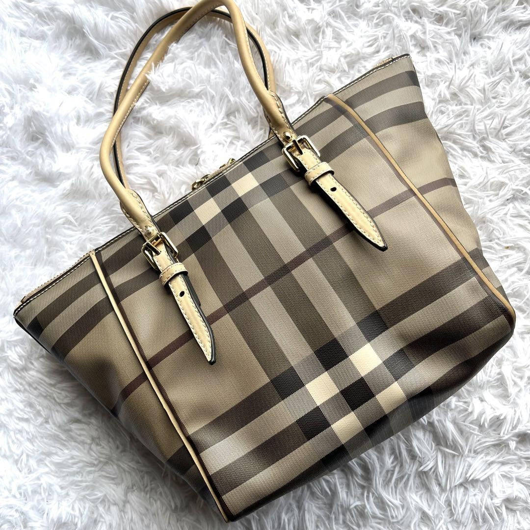 BURBERRY Hand Bag Tote Purse Nova Check PVC Leather Beige Authentic
