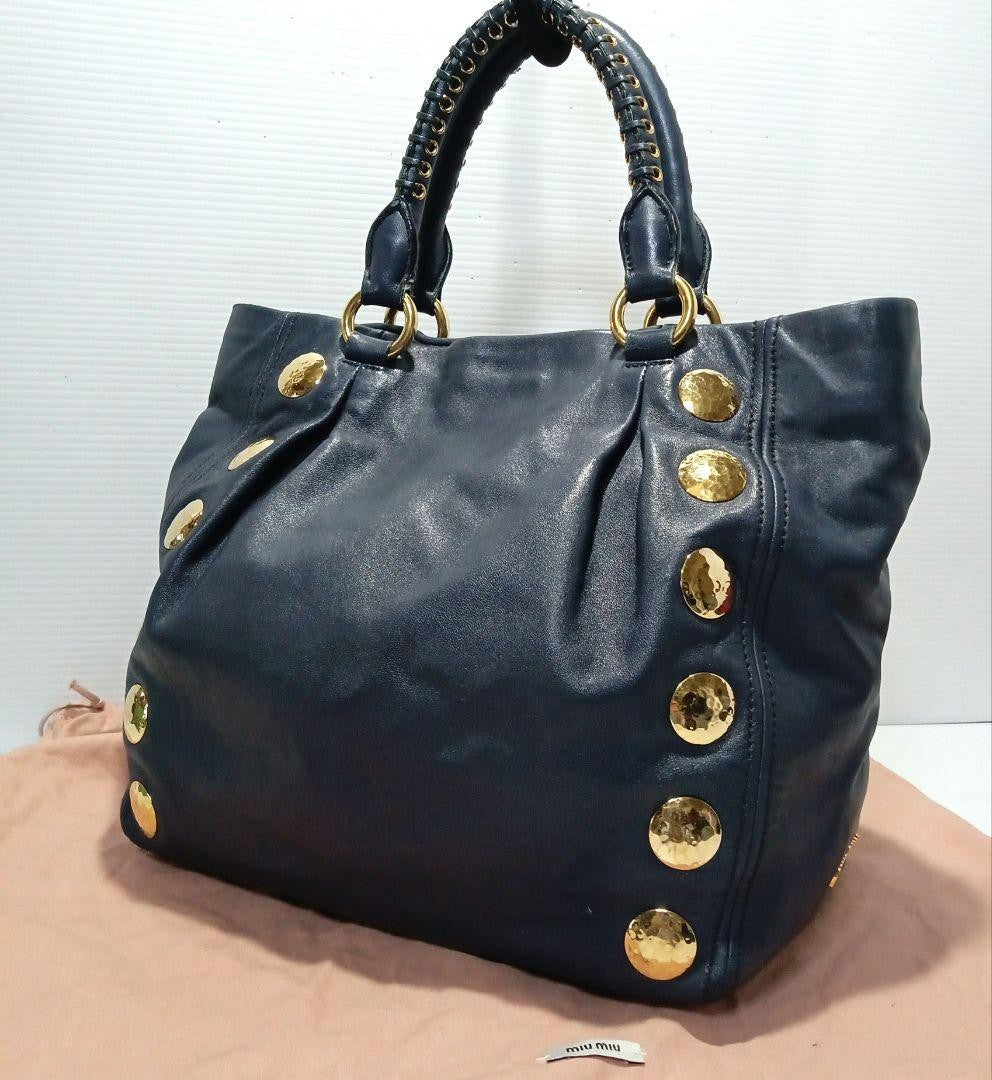 MIU MIU Hand Shoulder Bag Tote Purse 2way Logo Navy Gold Authentic