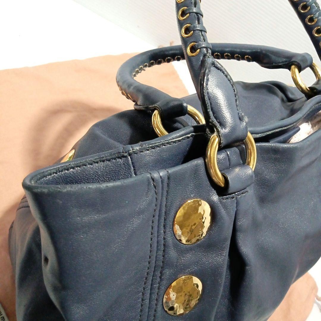 MIU MIU Hand Shoulder Bag Tote Purse 2way Logo Navy Gold Authentic