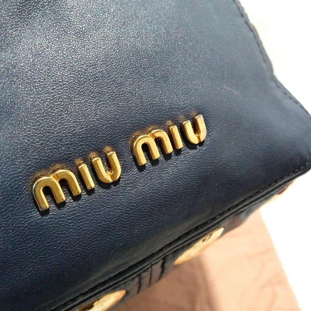 MIU MIU Hand Shoulder Bag Tote Purse 2way Logo Navy Gold Authentic